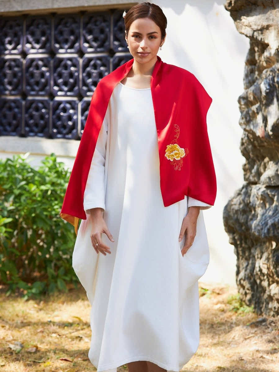 Handmade Su Xiu Silk Scarf – Gold Peony Embroidery on Mulberry Silk - Yomkey