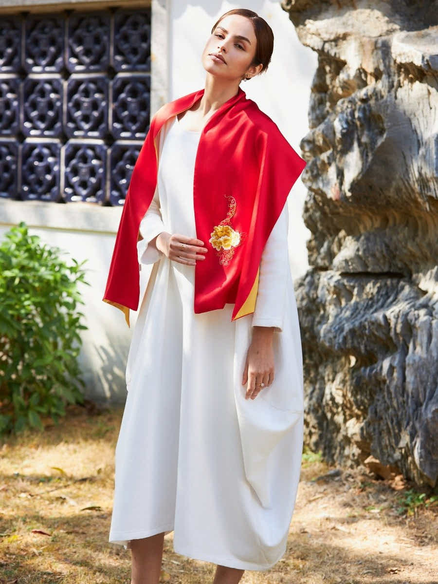 Handmade Su Xiu Silk Scarf – Gold Peony Embroidery on Mulberry Silk - Yomkey