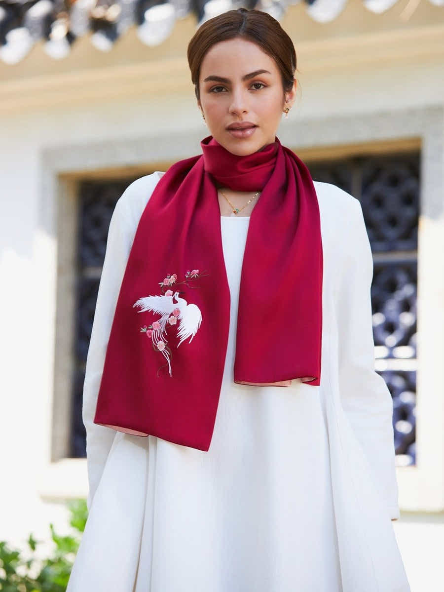 Handmade Su Xiu Silk Scarf – Red White Phoenix Embroidery - Yomkey