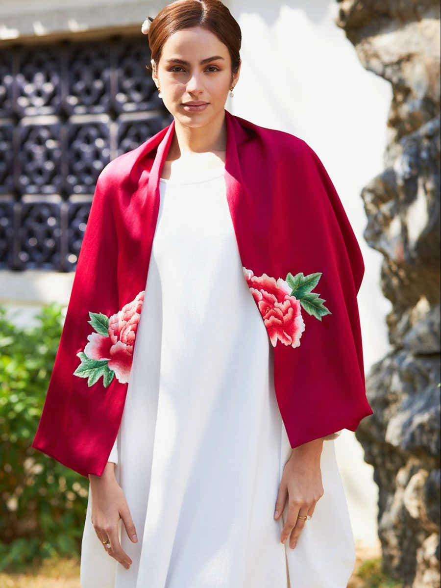 Handmade Suzhou Embroidery Large Red Peony Silk Wrap - Yomkey