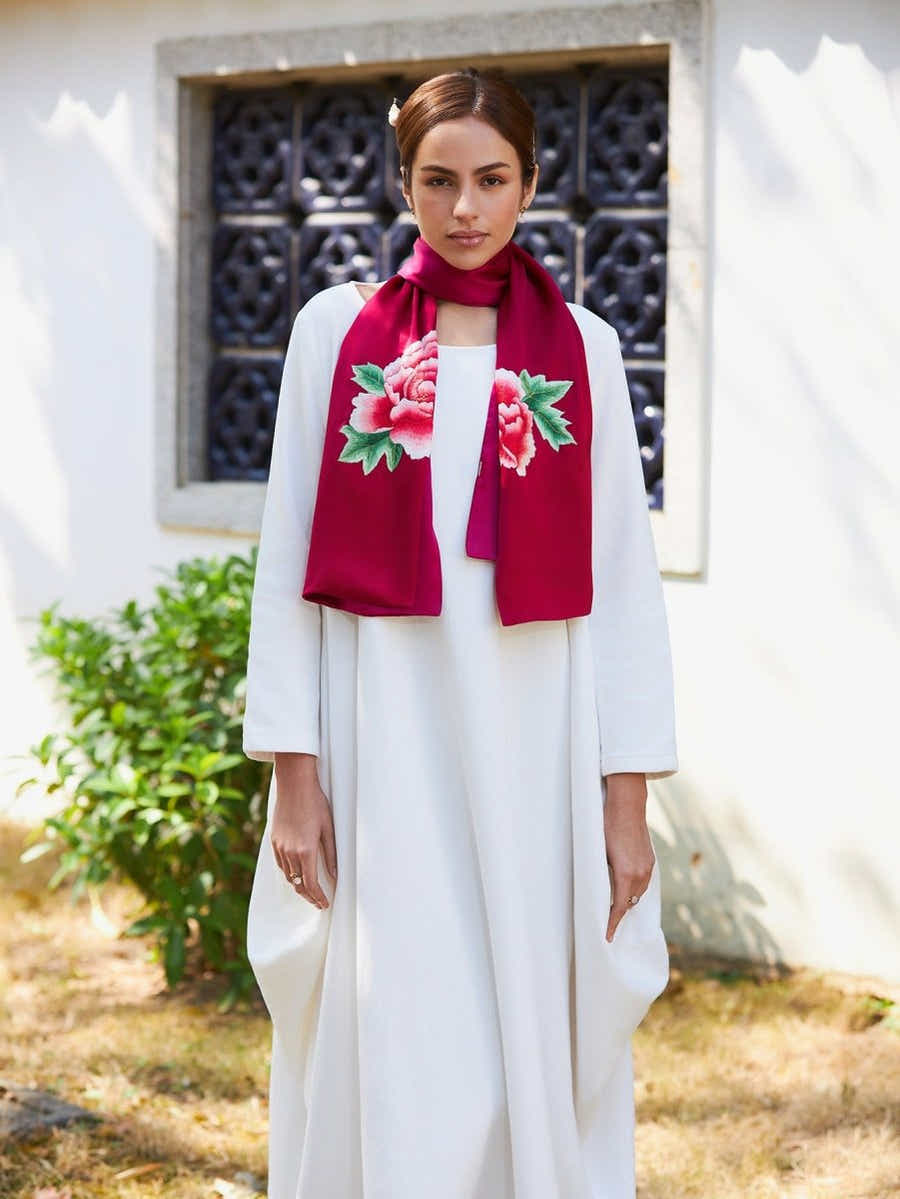 Handmade Suzhou Embroidery Large Red Peony Silk Wrap - Yomkey