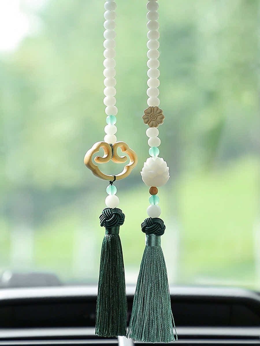 Natural Bodhi Seed & Lotus Ruyi Car Charm: Hand - Carved Peace Amulet - Yomkey