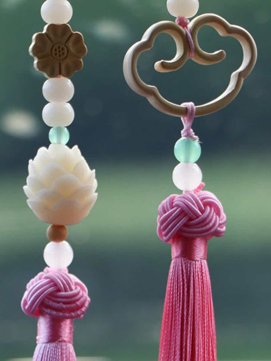 Natural Bodhi Seed & Lotus Ruyi Car Charm: Hand - Carved Peace Amulet - Yomkey