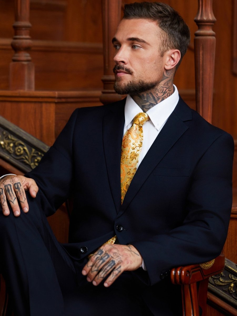 Oriental Dragon Satin Tie | Champagne Gold Jacquard | Gala & Banquet Wear - Yomkey