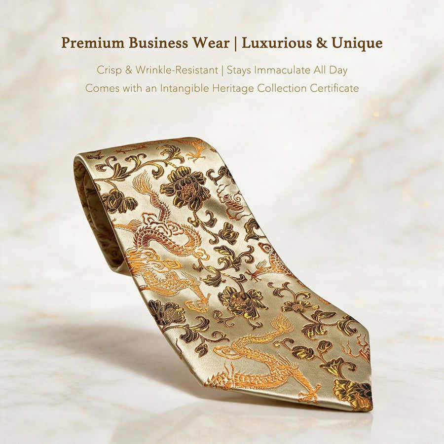 Oriental Dragon Satin Tie | Champagne Gold Jacquard | Gala & Banquet Wear - Yomkey