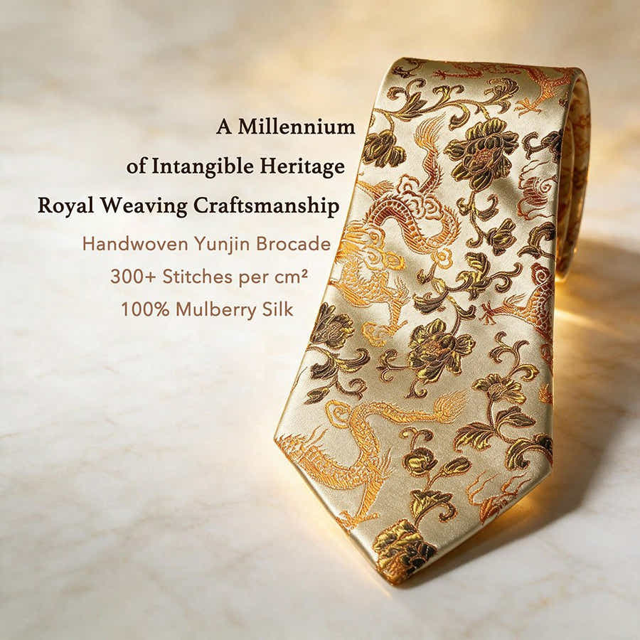 Oriental Dragon Satin Tie | Champagne Gold Jacquard | Gala & Banquet Wear - Yomkey
