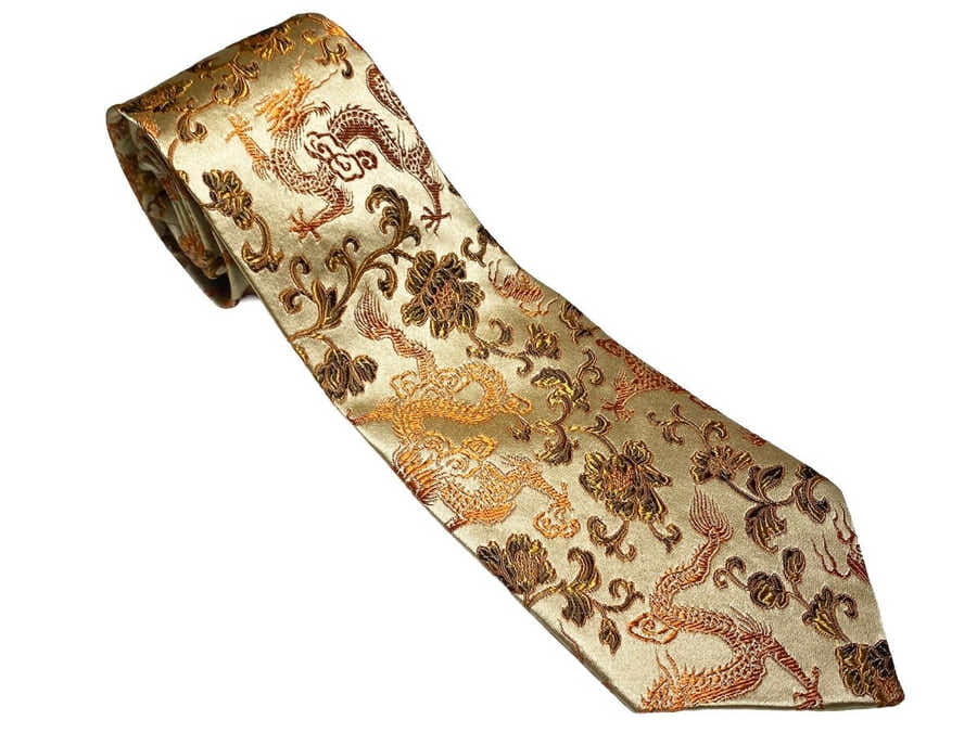 Oriental Dragon Satin Tie | Champagne Gold Jacquard | Gala & Banquet Wear - Yomkey