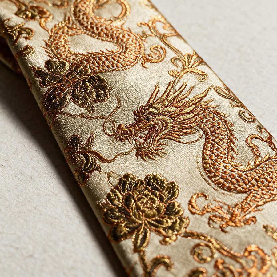 Oriental Dragon Satin Tie | Champagne Gold Jacquard | Gala & Banquet Wear - Yomkey