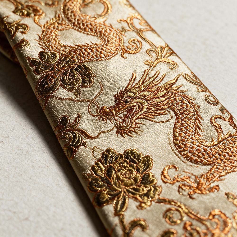 Oriental Dragon Satin Tie | Champagne Gold Jacquard | Gala & Banquet Wear - Yomkey