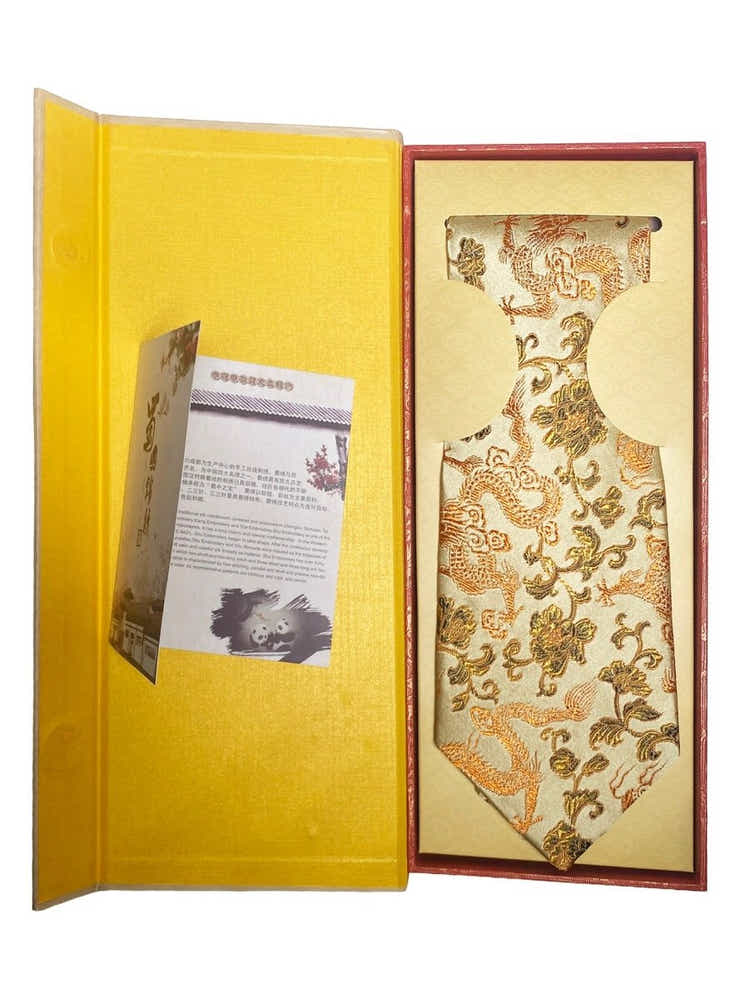 Oriental Dragon Satin Tie | Champagne Gold Jacquard | Gala & Banquet Wear - Yomkey