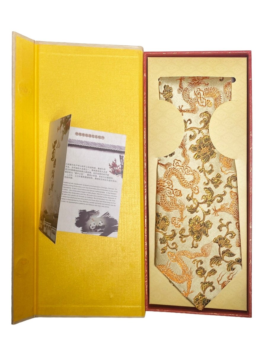 Oriental Dragon Satin Tie | Champagne Gold Jacquard | Gala & Banquet Wear - Yomkey