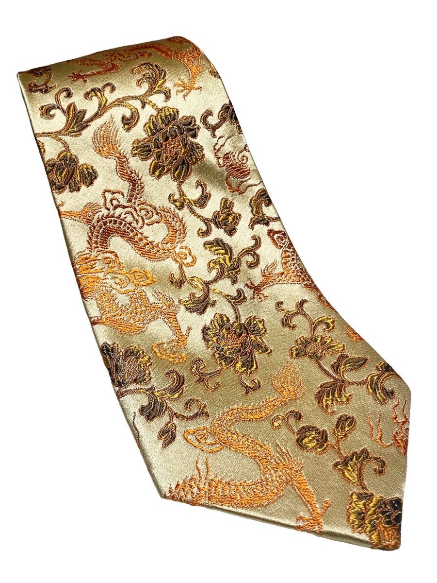 Oriental Dragon Satin Tie | Champagne Gold Jacquard | Gala & Banquet Wear - Yomkey