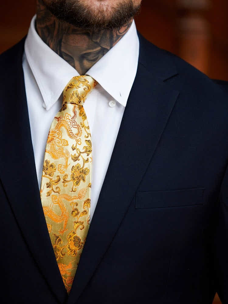 Oriental Dragon Satin Tie | Champagne Gold Jacquard | Gala & Banquet Wear - Yomkey