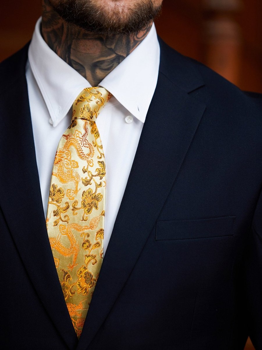 Oriental Dragon Satin Tie | Champagne Gold Jacquard | Gala & Banquet Wear - Yomkey