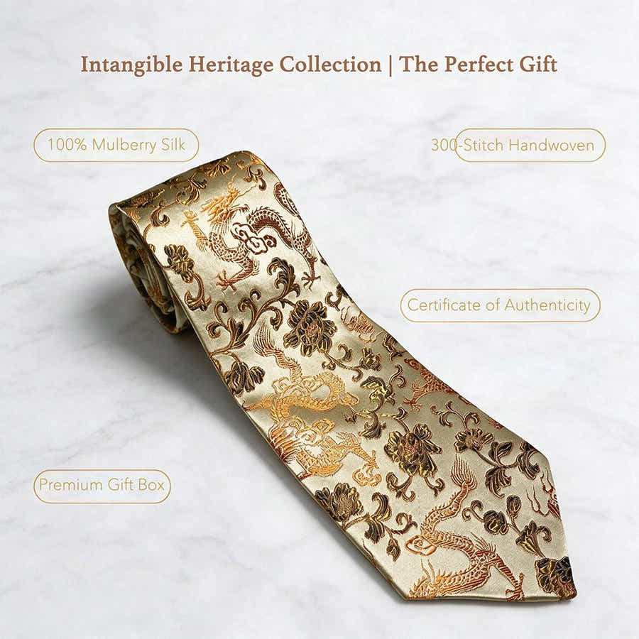 Oriental Dragon Satin Tie | Champagne Gold Jacquard | Gala & Banquet Wear - Yomkey