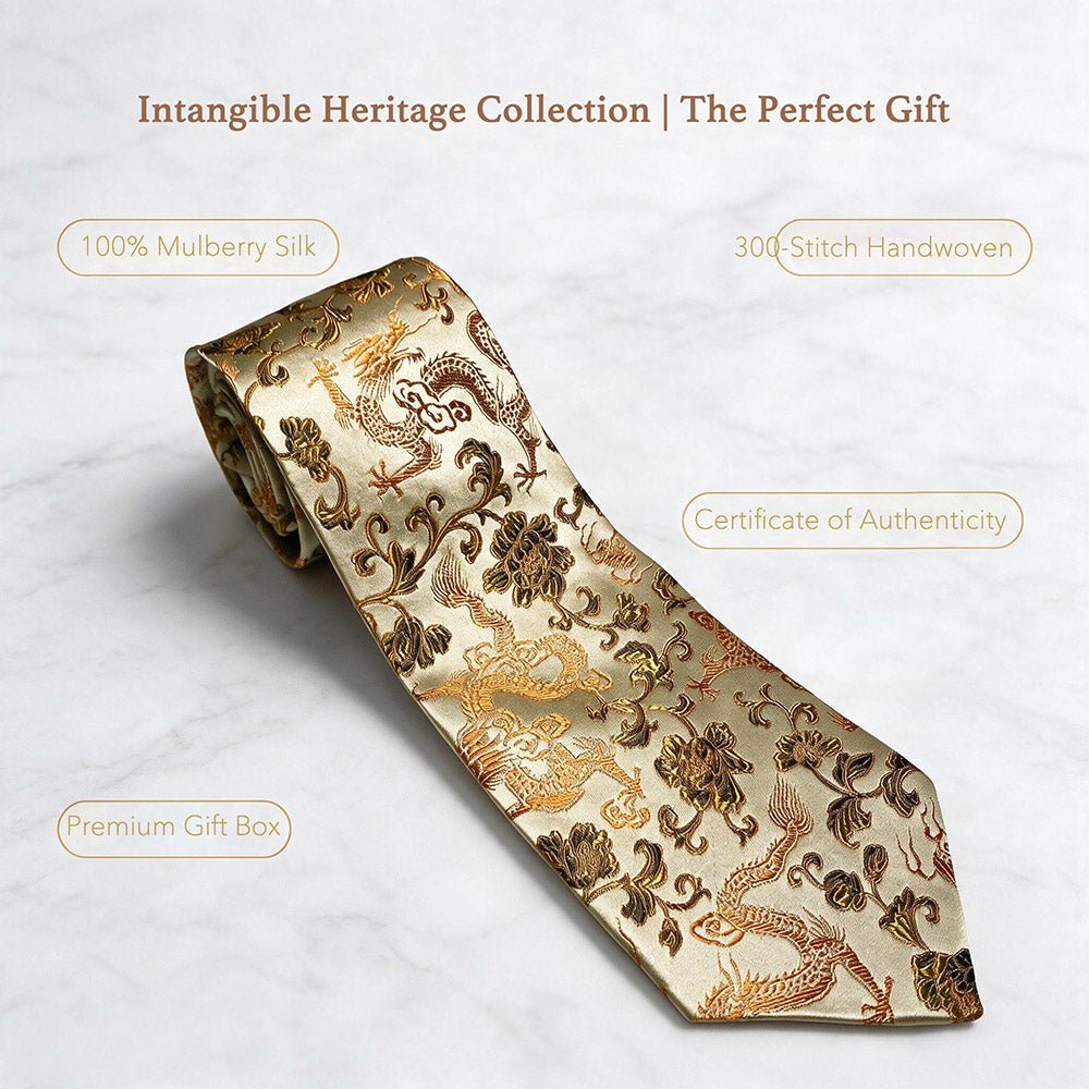 Oriental Dragon Satin Tie | Champagne Gold Jacquard | Gala & Banquet Wear - Yomkey