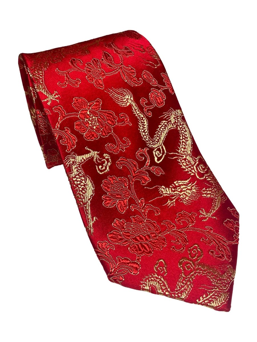 Oriental Dragon Satin Tie | Crimson Red Jacquard | Wedding & Festive Gift - Yomkey