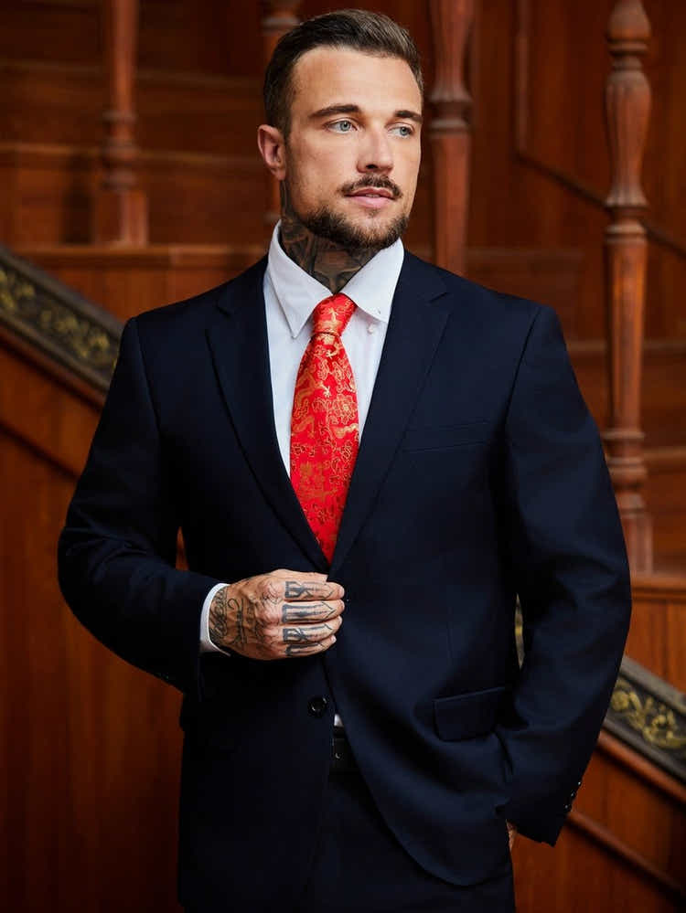 Oriental Dragon Satin Tie | Crimson Red Jacquard | Wedding & Festive Gift - Yomkey