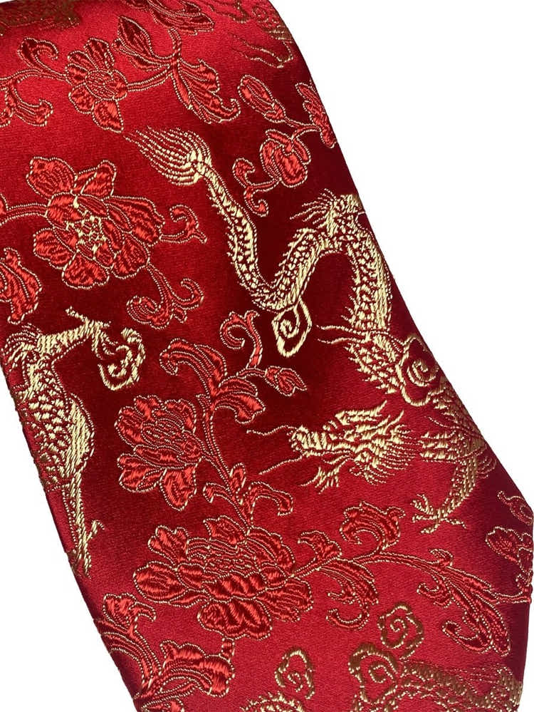 Oriental Dragon Satin Tie | Crimson Red Jacquard | Wedding & Festive Gift - Yomkey
