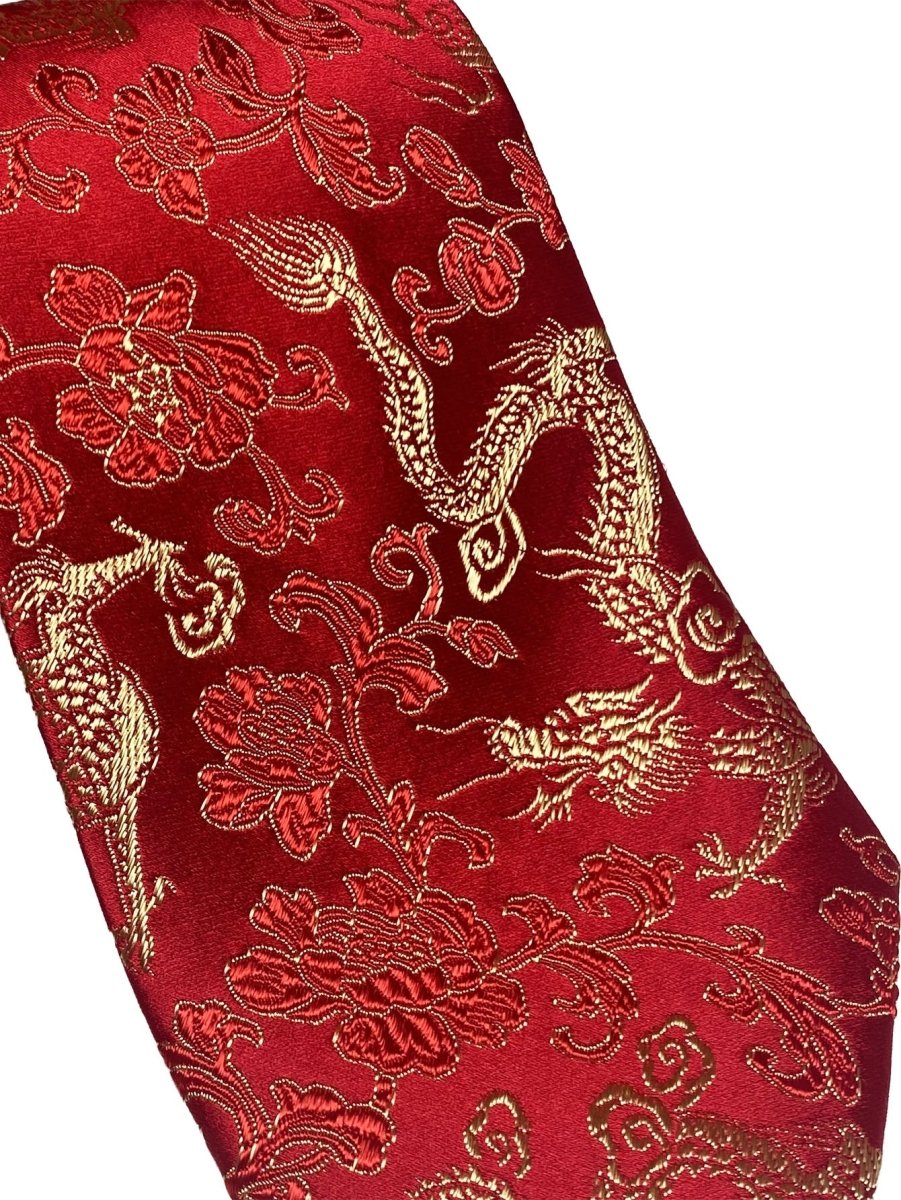 Oriental Dragon Satin Tie | Crimson Red Jacquard | Wedding & Festive Gift - Yomkey