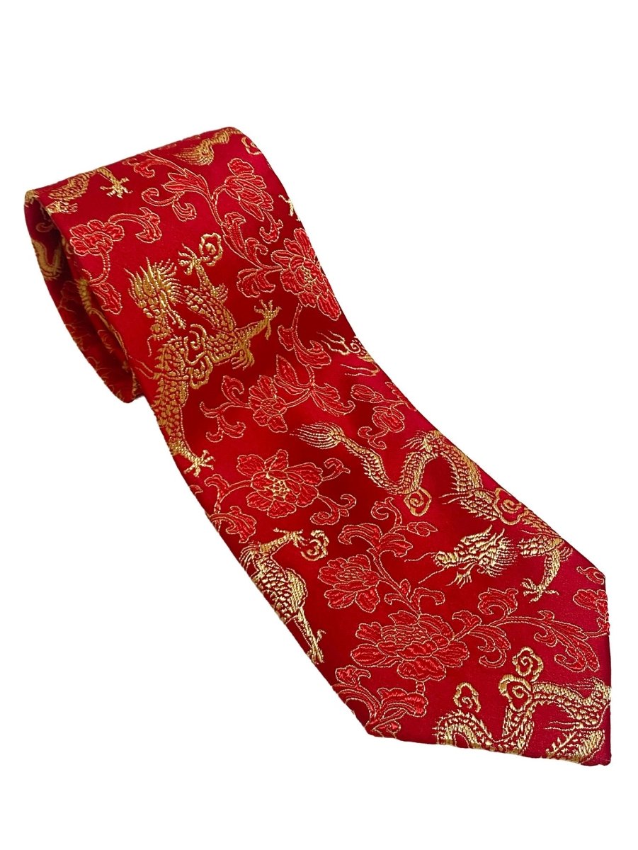 Oriental Dragon Satin Tie | Crimson Red Jacquard | Wedding & Festive Gift - Yomkey