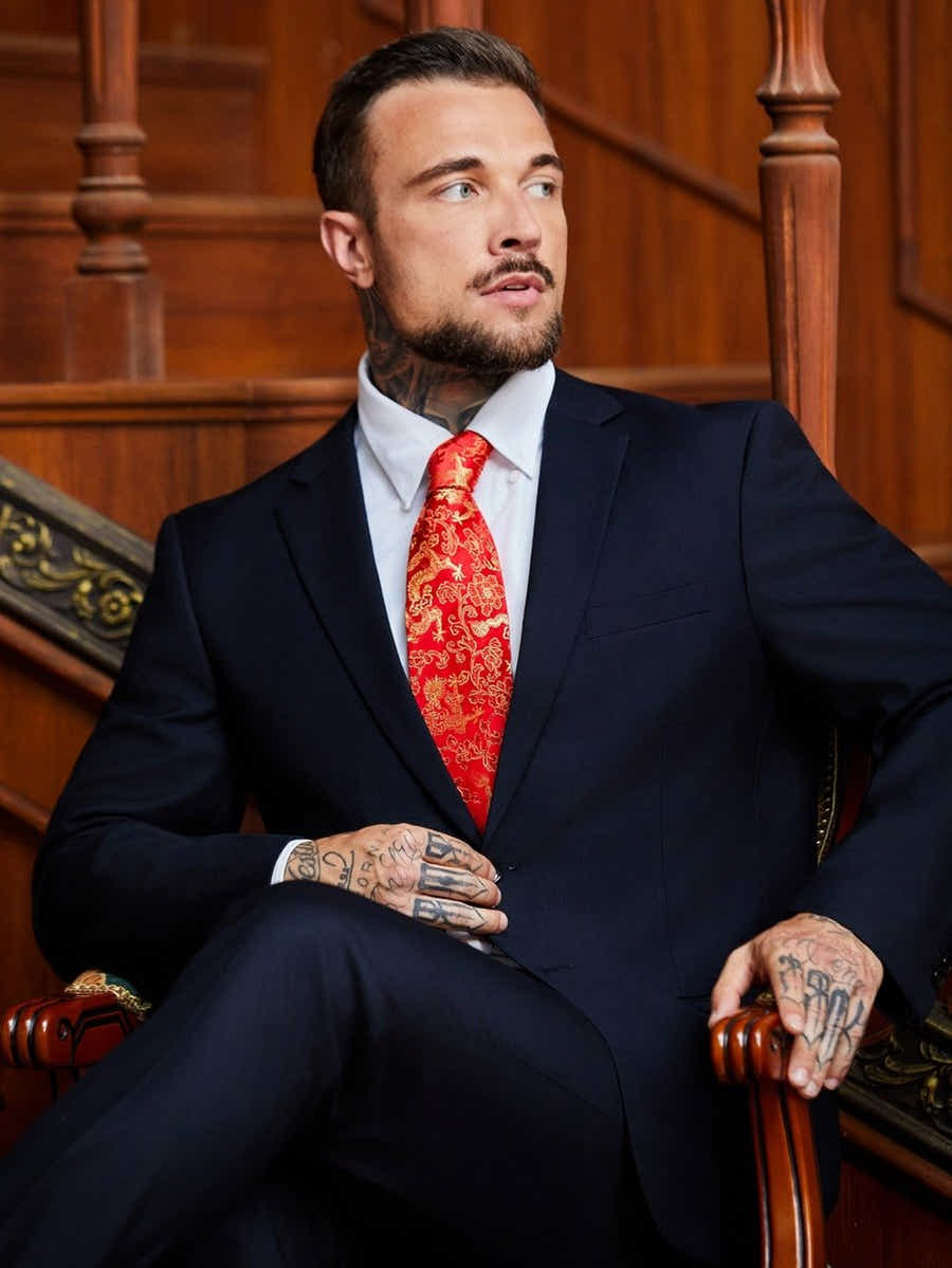 Oriental Dragon Satin Tie | Crimson Red Jacquard | Wedding & Festive Gift - Yomkey