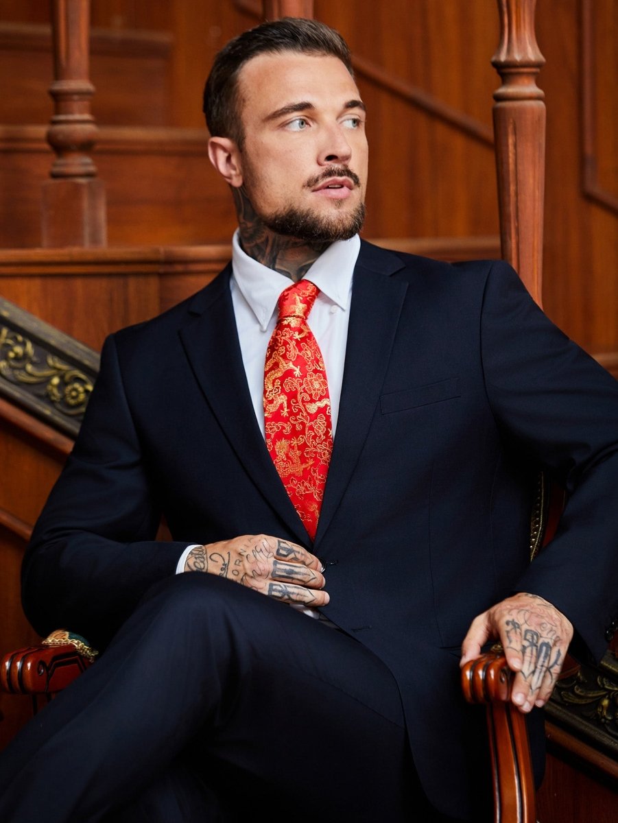 Oriental Dragon Satin Tie | Crimson Red Jacquard | Wedding & Festive Gift - Yomkey
