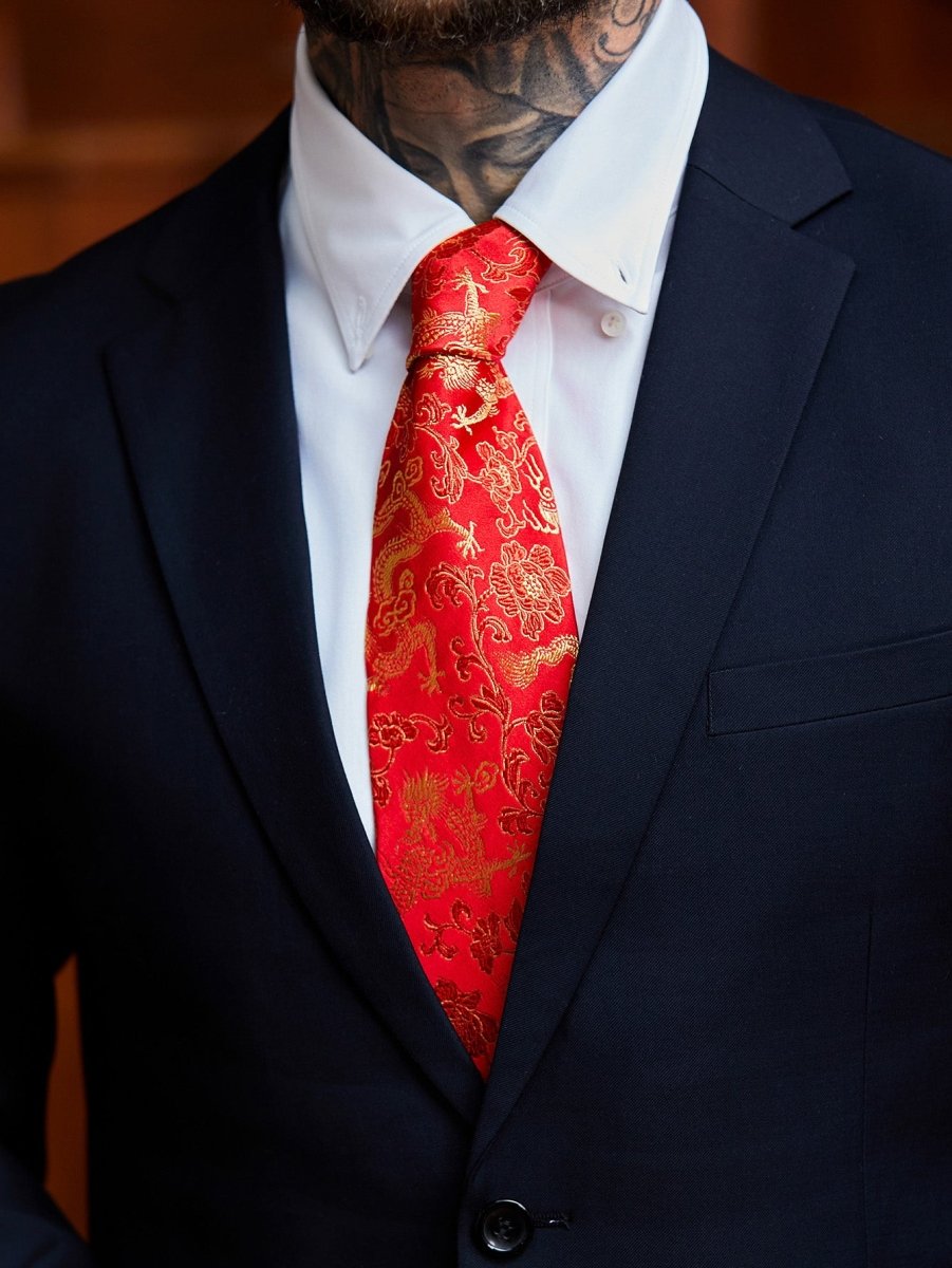 Oriental Dragon Satin Tie | Crimson Red Jacquard | Wedding & Festive Gift - Yomkey
