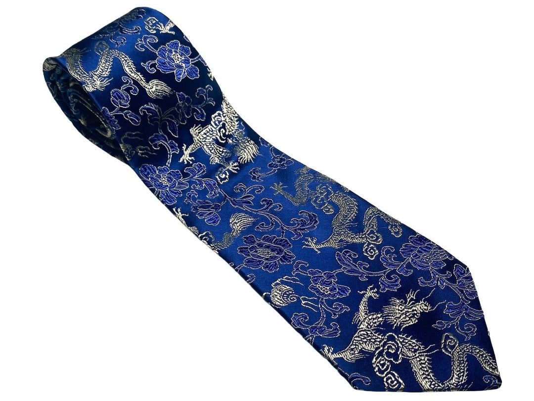 Oriental Dragon Satin Tie | Navy Blue Jacquard | Executive Business Neckwear - Yomkey