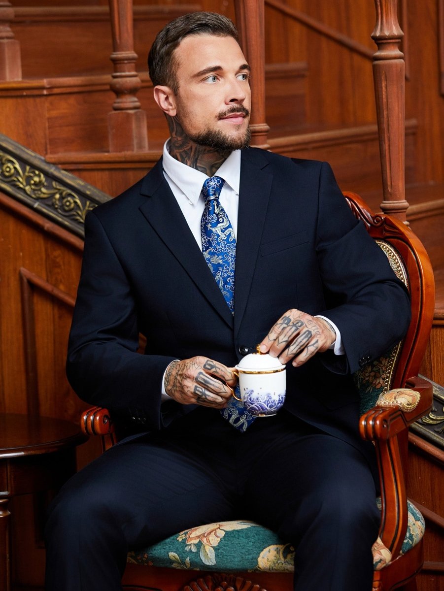 Oriental Dragon Satin Tie | Navy Blue Jacquard | Executive Business Neckwear - Yomkey