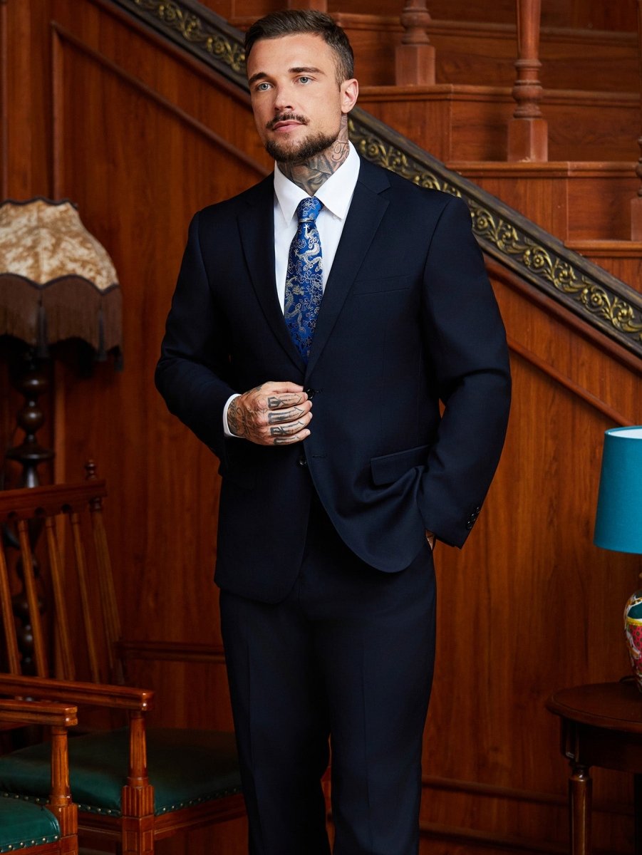 Oriental Dragon Satin Tie | Navy Blue Jacquard | Executive Business Neckwear - Yomkey