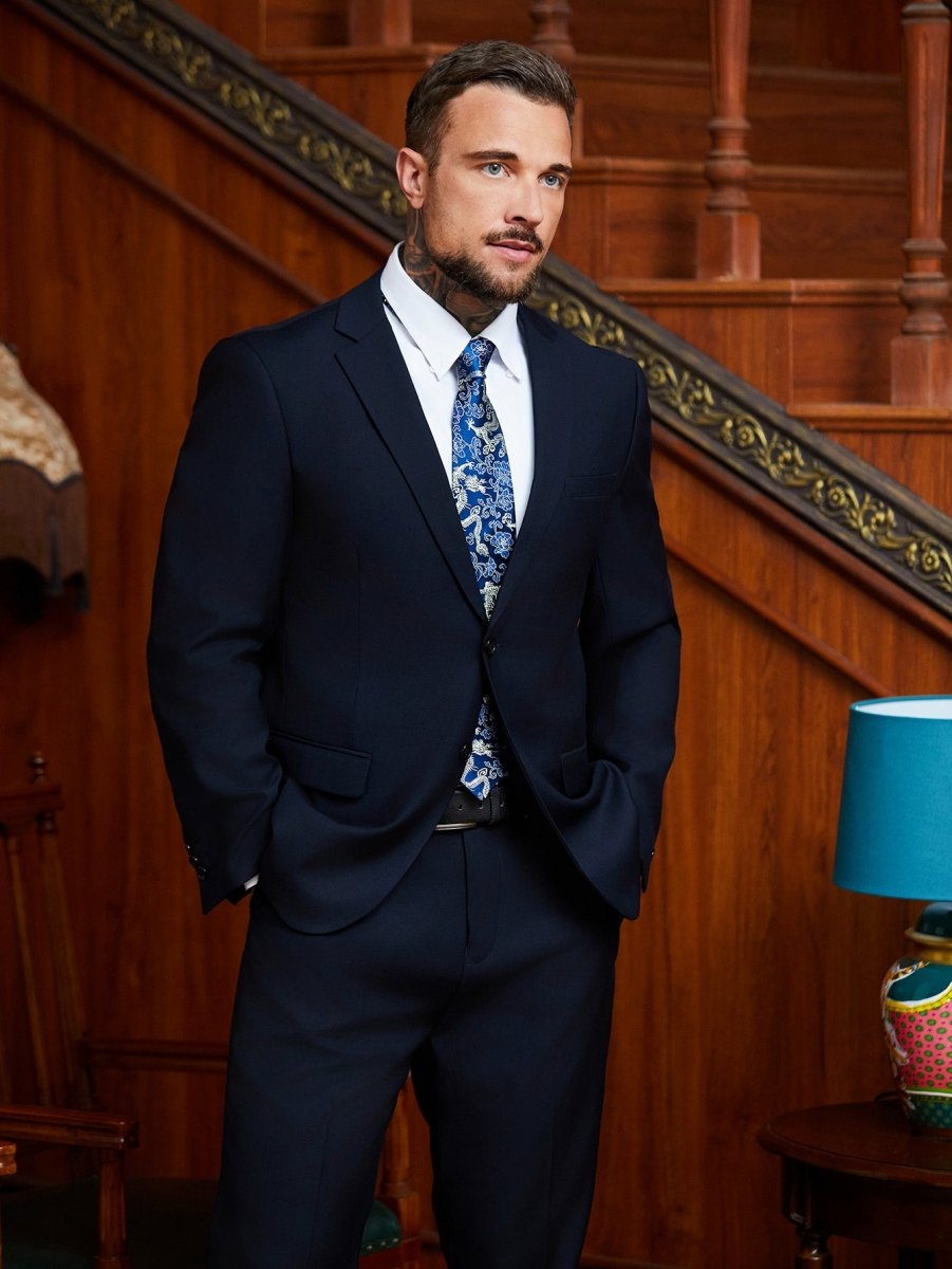 Oriental Dragon Satin Tie | Navy Blue Jacquard | Executive Business Neckwear - Yomkey