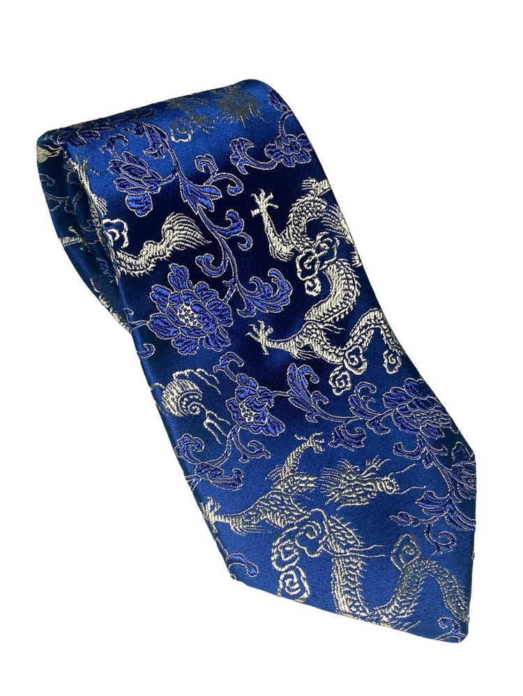 Oriental Dragon Satin Tie | Navy Blue Jacquard | Executive Business Neckwear - Yomkey