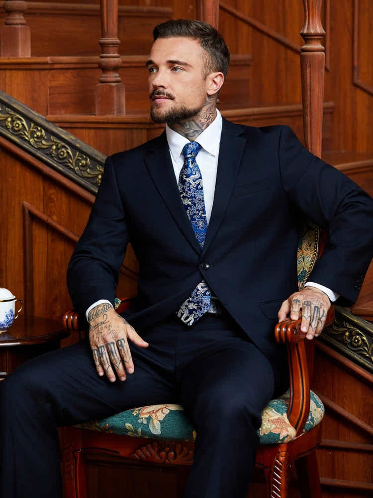Oriental Dragon Satin Tie | Navy Blue Jacquard | Executive Business Neckwear - Yomkey
