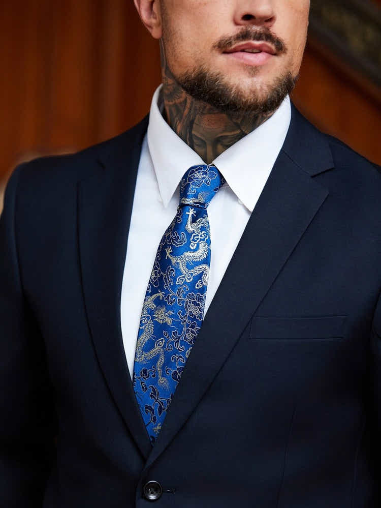 Oriental Dragon Satin Tie | Navy Blue Jacquard | Executive Business Neckwear - Yomkey