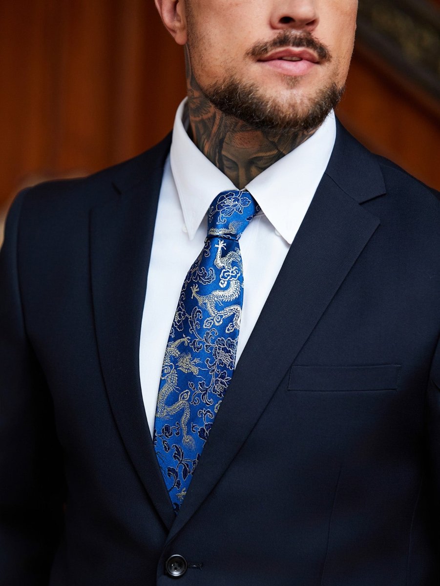 Oriental Dragon Satin Tie | Navy Blue Jacquard | Executive Business Neckwear - Yomkey