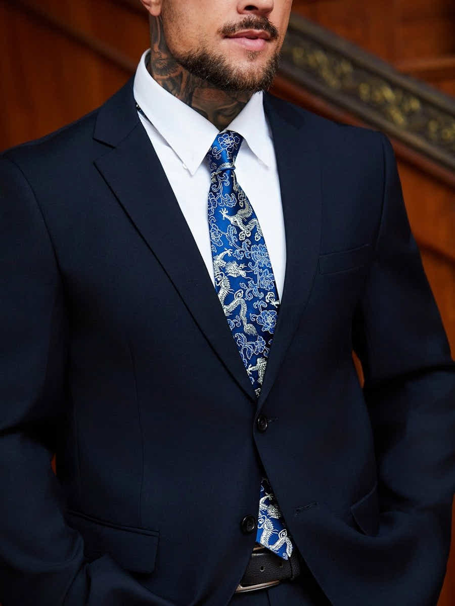 Oriental Dragon Satin Tie | Navy Blue Jacquard | Executive Business Neckwear - Yomkey