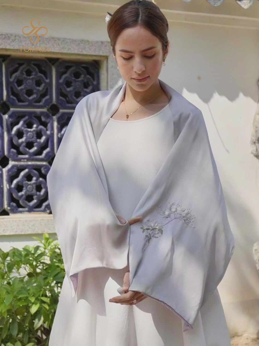 Exquisite Chinese Handcrafted Silk Scarf with Orchid Embroidery, Smokey and Light Purple Double-Sided Fabric