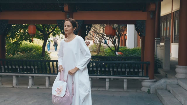 Exquisite Artistic Large Canvas Backpack with Embroideries Tree Peony Pattern and Pink Color Fabric