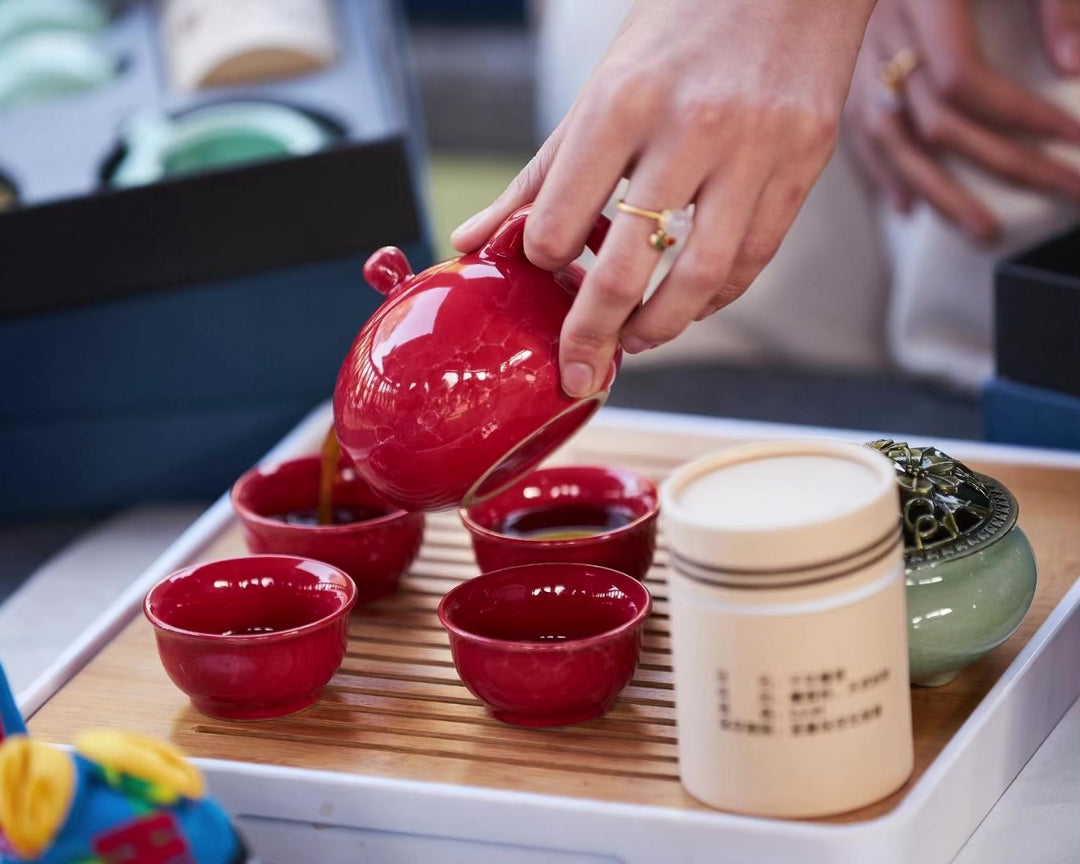 Dehua Jade-Luster Porcelain Tea Set – Stone Grain Red