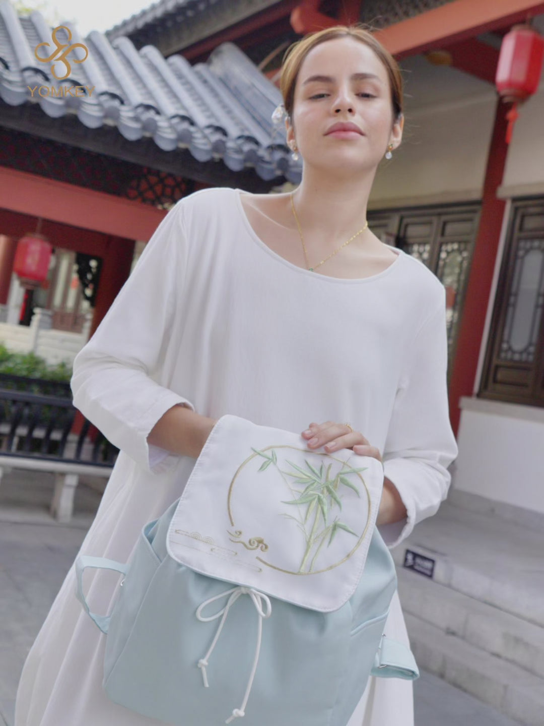 Exquisite Artistic Large Canvas Backpack with Embroideries with Bamboo Pattern and Blue Color Fabric