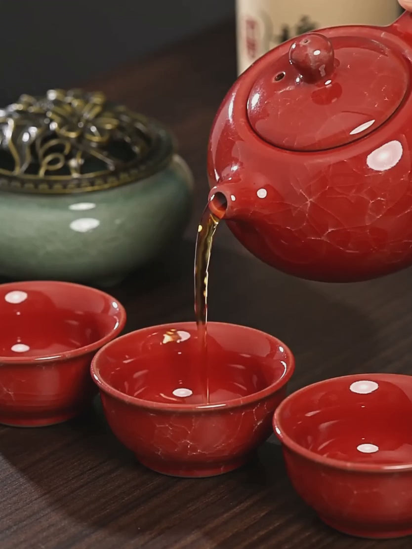 Dehua Jade-Luster Porcelain Tea Set – Stone Grain Red
