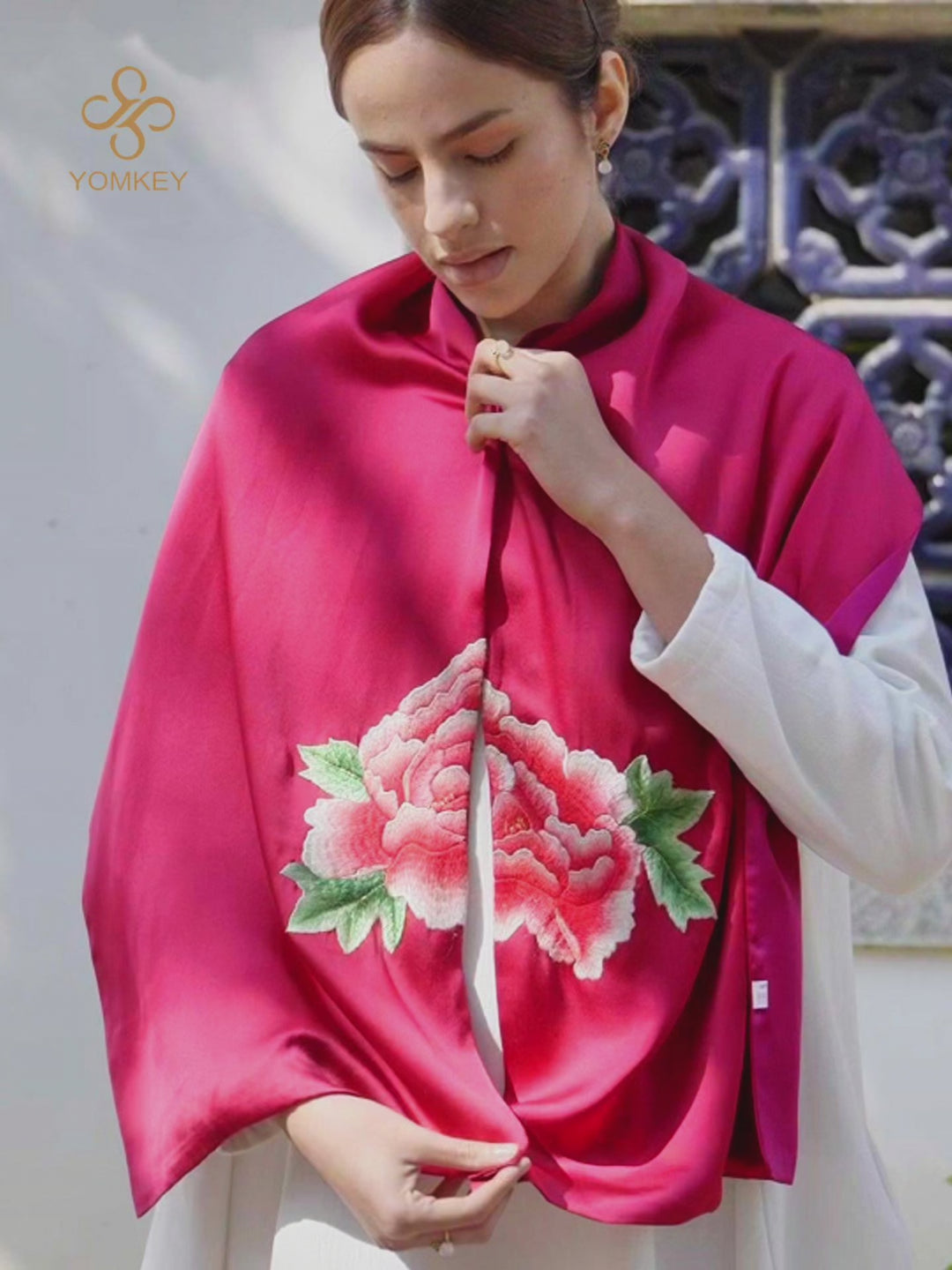 Exquisite Chinese Handcrafted Silk Scarf with Tree Peony Embroidery, Red Color