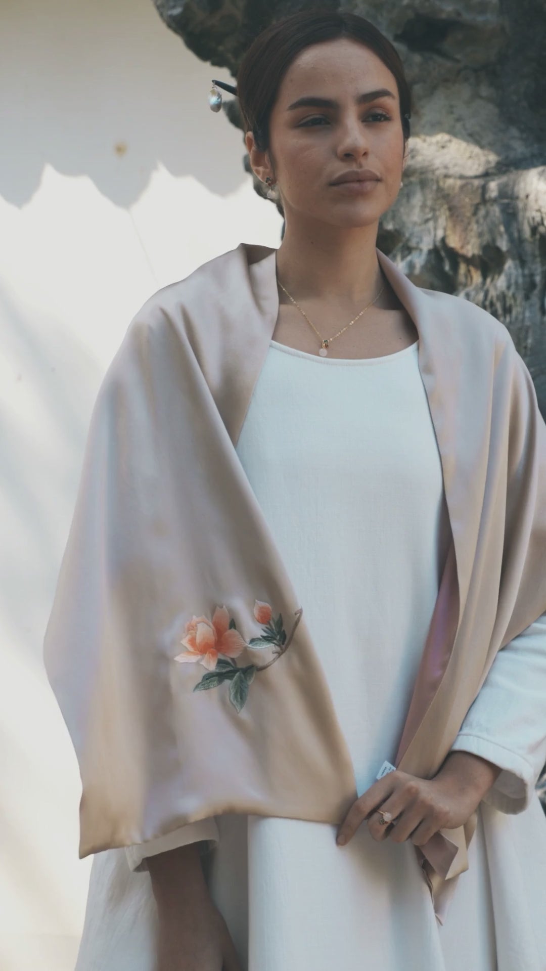Exquisite Chinese Handcrafted Silk Scarf with Orange Blossom Embroidery, Champagne and Pink Double-Sided Fabric