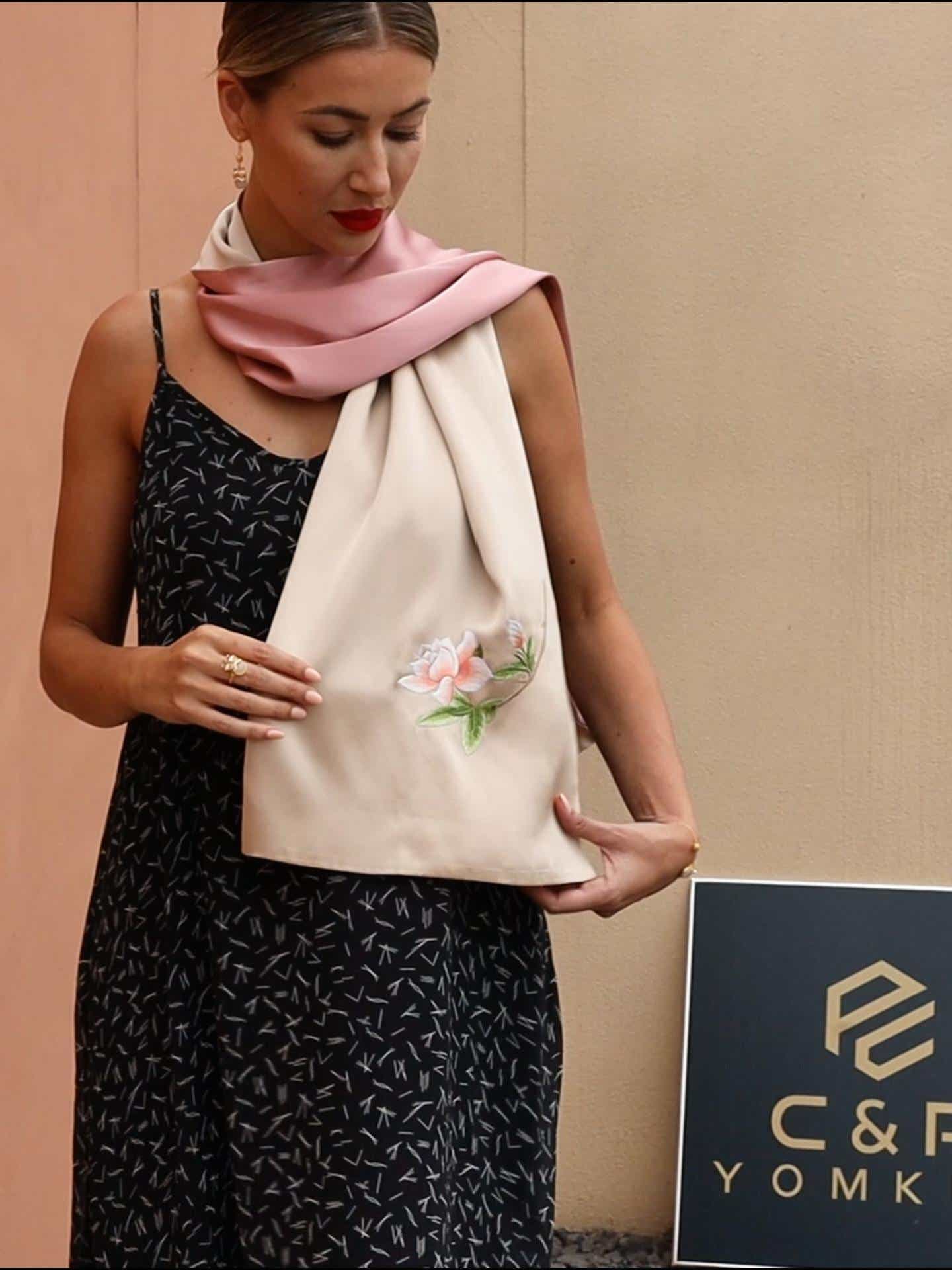 Hand-Embroidered Suzhou Silk Scarf – Champagne Pink Orange Blossom