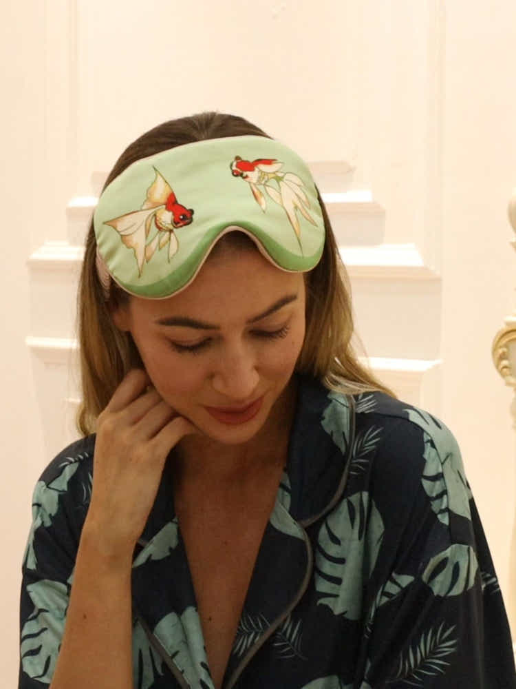 Deep Green Silk Eye Mask: Goldfish Prosperity Symbol, Breathable & Luxury