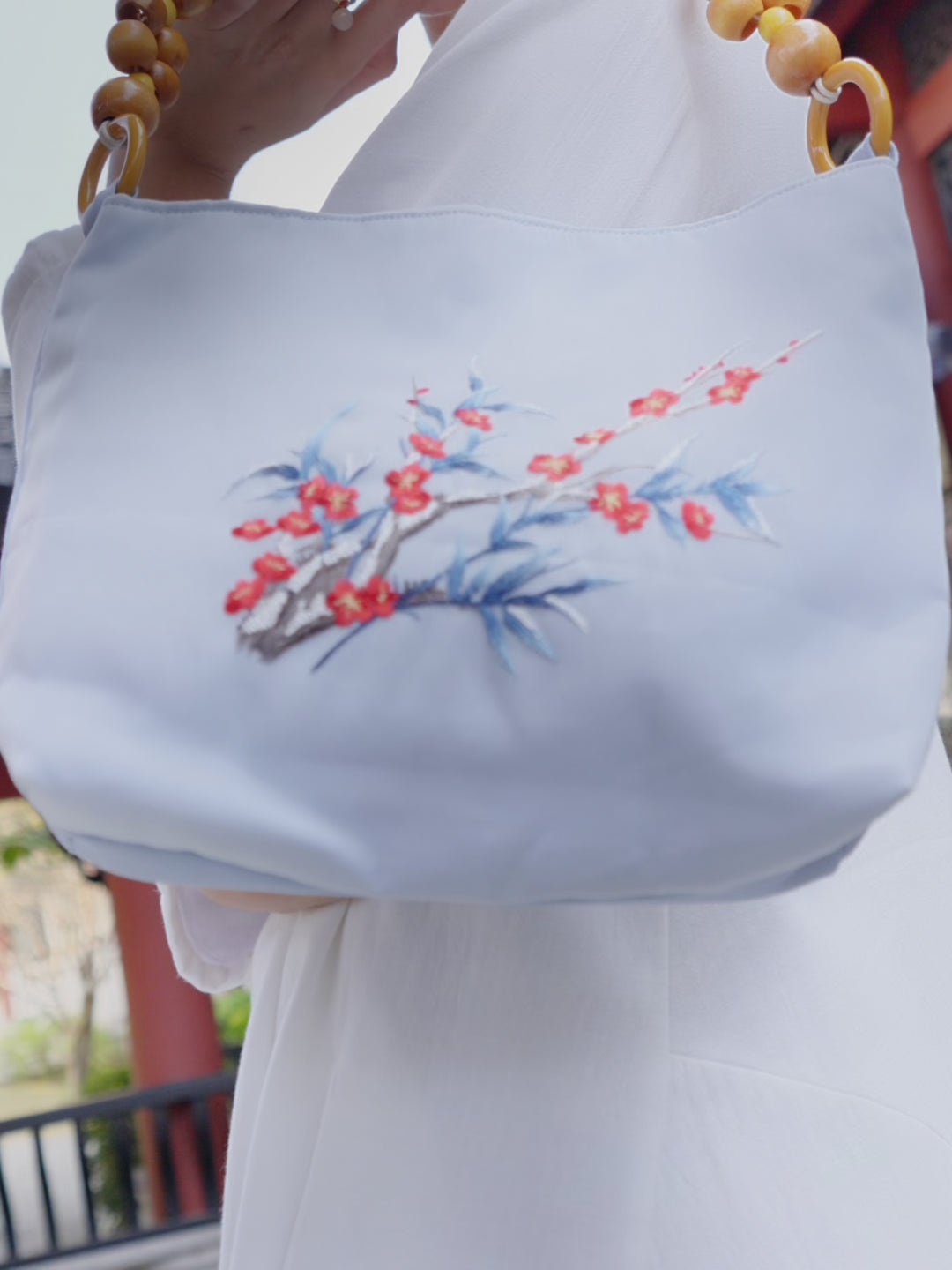 Exquisite Chinese Handcrafted Canvas Tote Bag with Embroidery, Wooden Handle and Thickened Interior, Blue Color With Plum Blossom Pattern