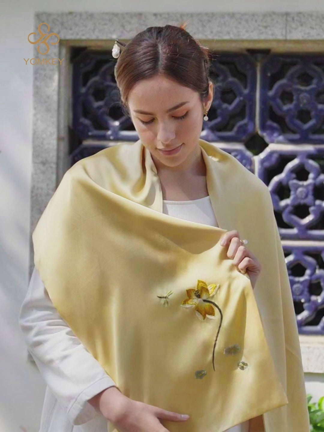 Exquisite Chinese Handcrafted Silk Scarf with Lotus Embroidery, Gold and Champagne Double-Sided Fabric