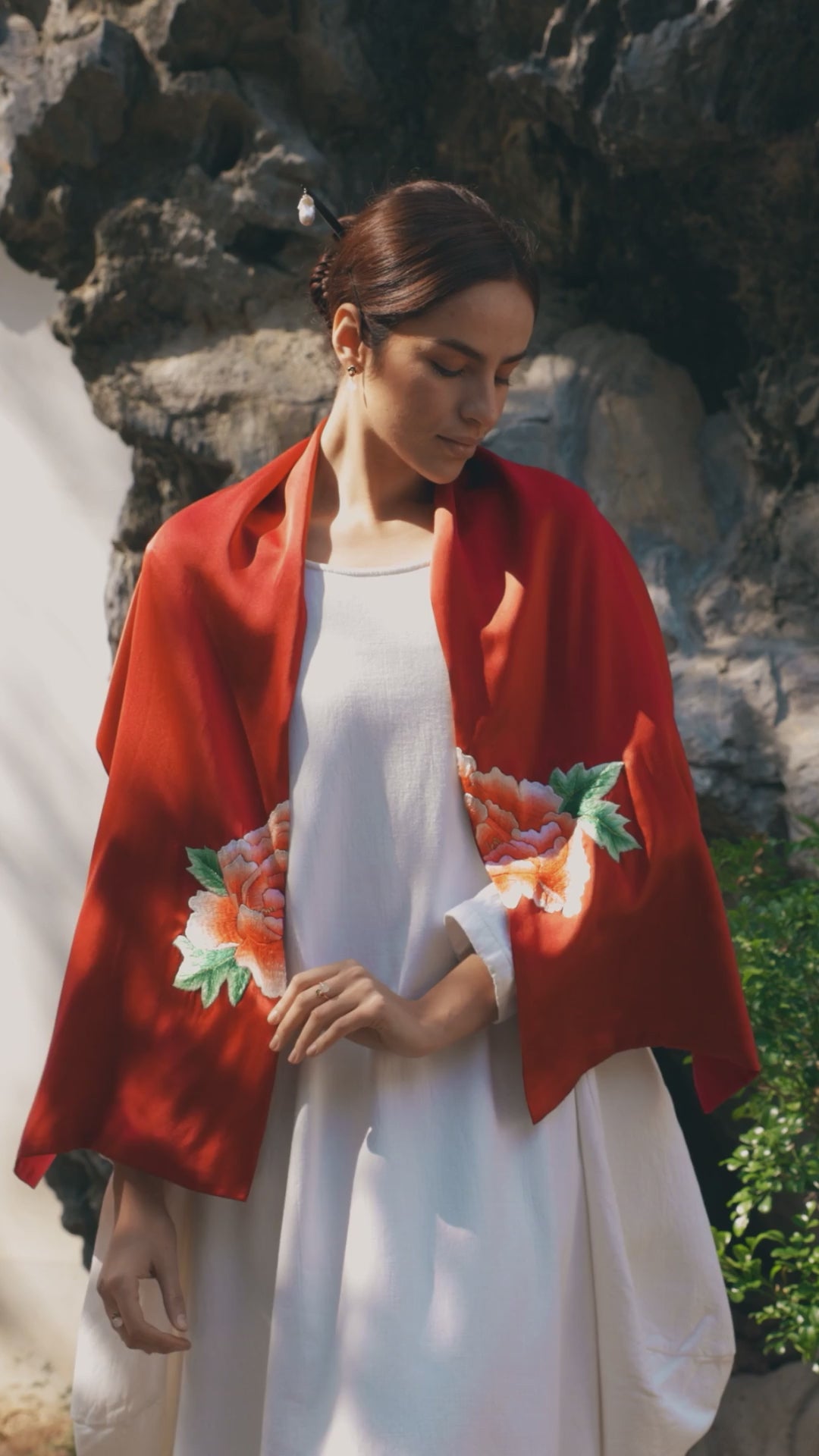 Exquisite Chinese Handcrafted Silk Scarf with Tree Peony Embroidery, Red Color