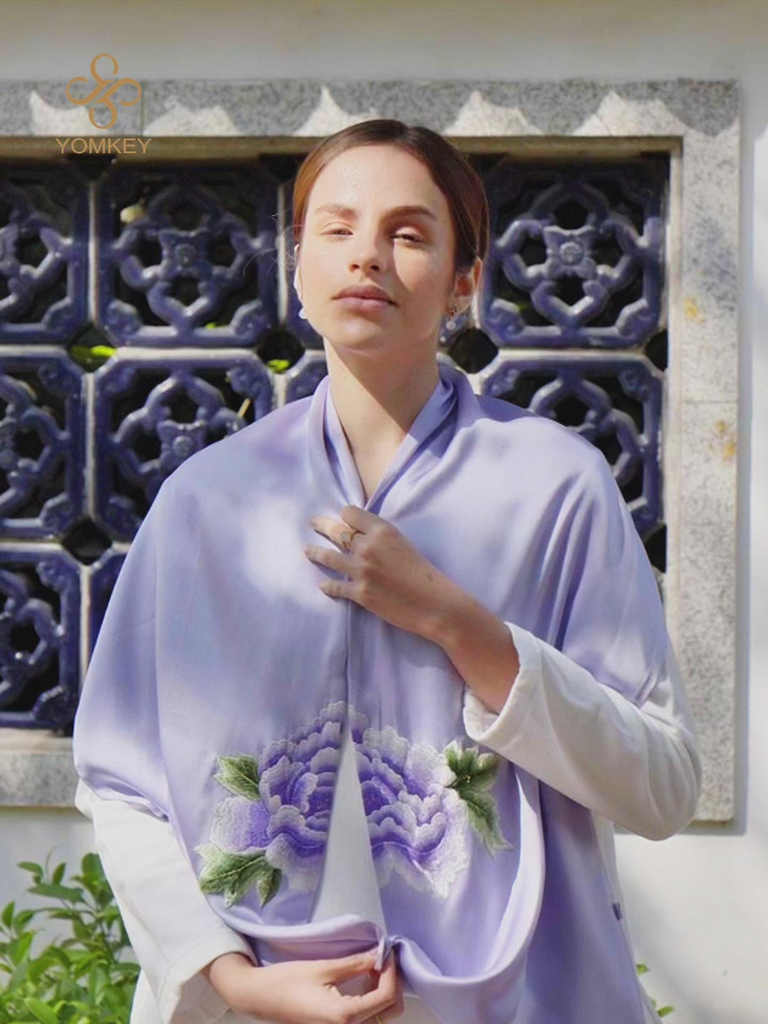 Hand-Embroidered Purple Peony Silk Scarf | Su Xiu Heritage